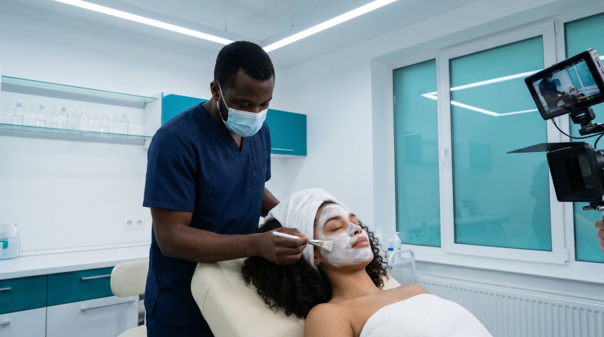 Provider brushing a cream on a client's face.