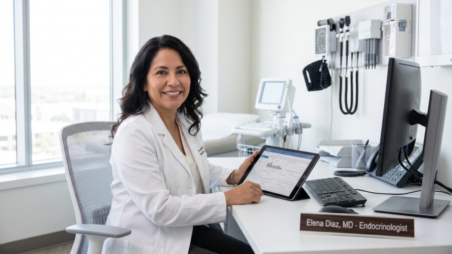 Endocrinologist sitting at her desk in her clinic going over a patient record.