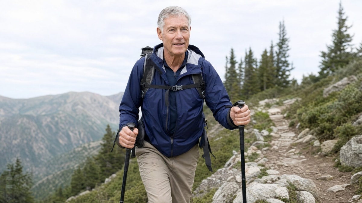 Man hiking on a rocky mountain trail with trekking poles and a backpack in the forest