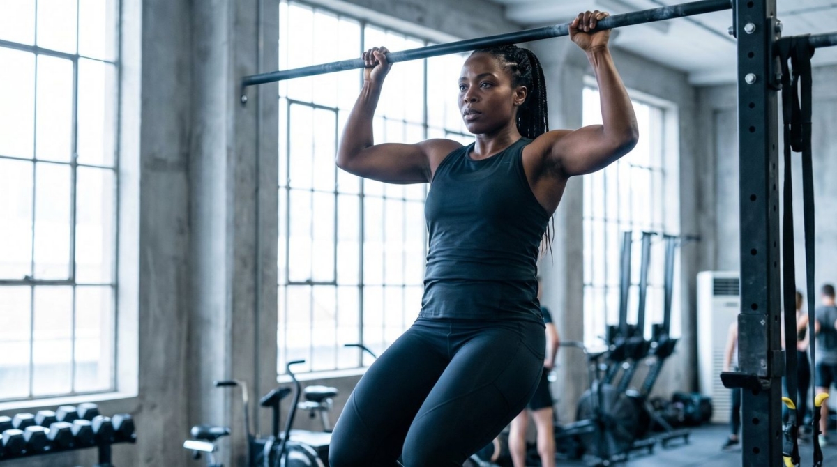 IGF 1LR3 Woman doing pull-ups in a gym.