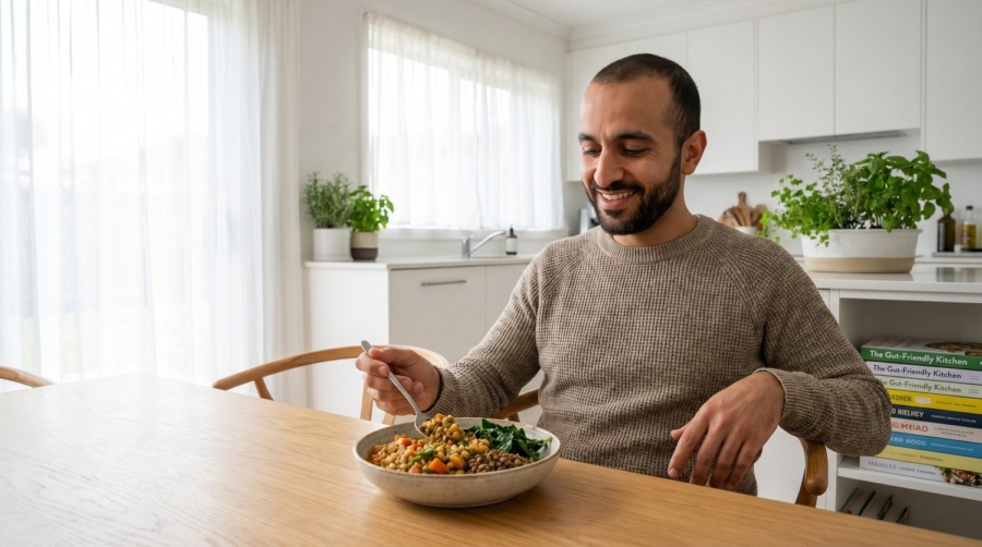 Man in a kitchen eating a bowl of various beans and vegetables.
