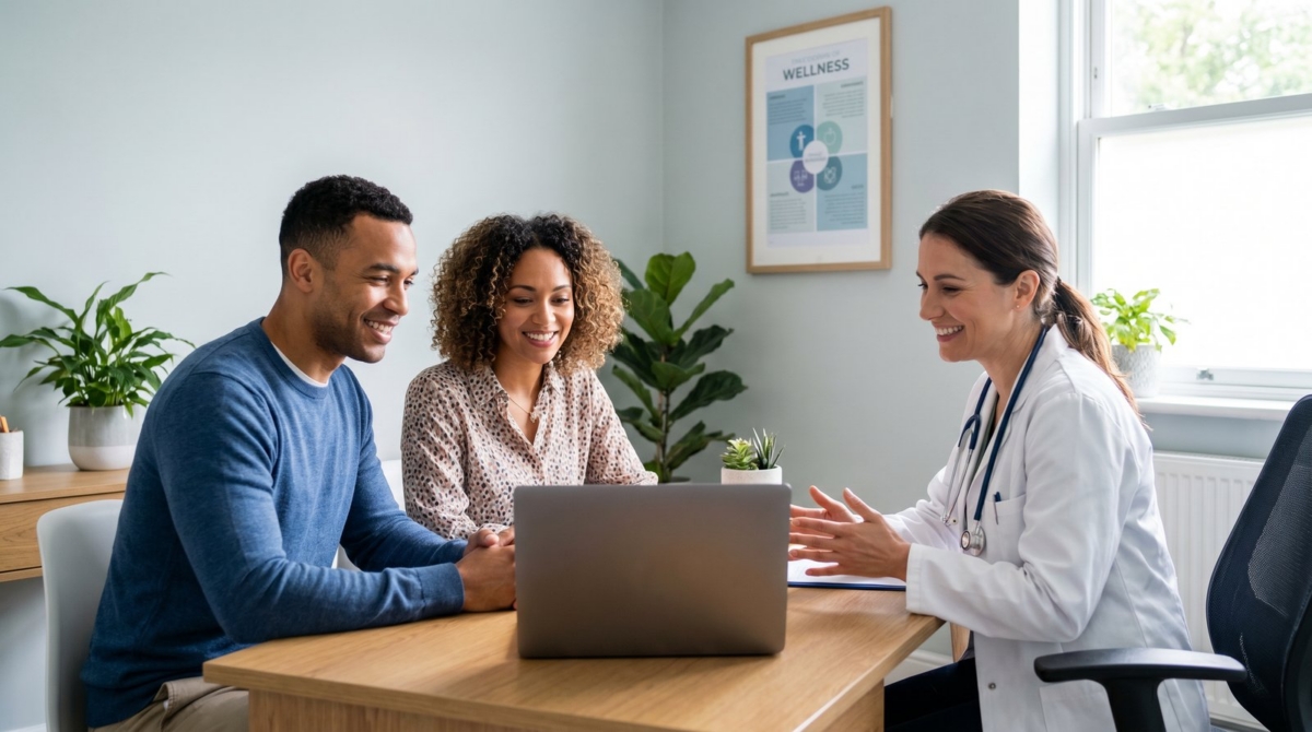 Kisspeptin 10 Young couple discussing therapies with a wellness provider.