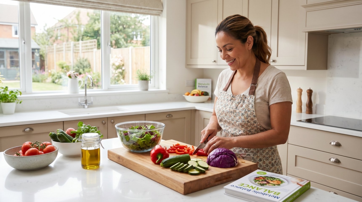 Liraglutide Woman in kitchen wearing an apron and cutting up vegetables for a salad.