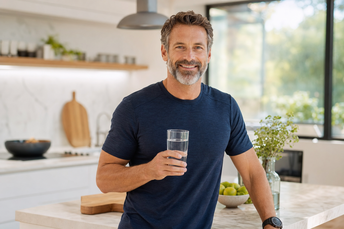 MK 677 Man smiling and holding a glass of water in a bright modern kitchen