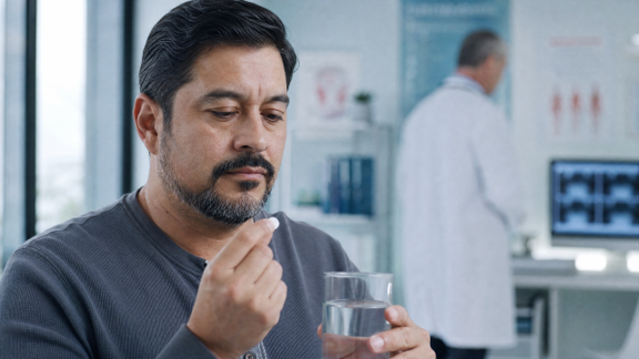 Man about to take a peptide therapeutics pill with water.