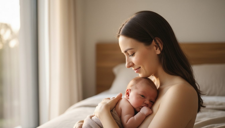 A young woman holding her infant on her chest skin to skin.