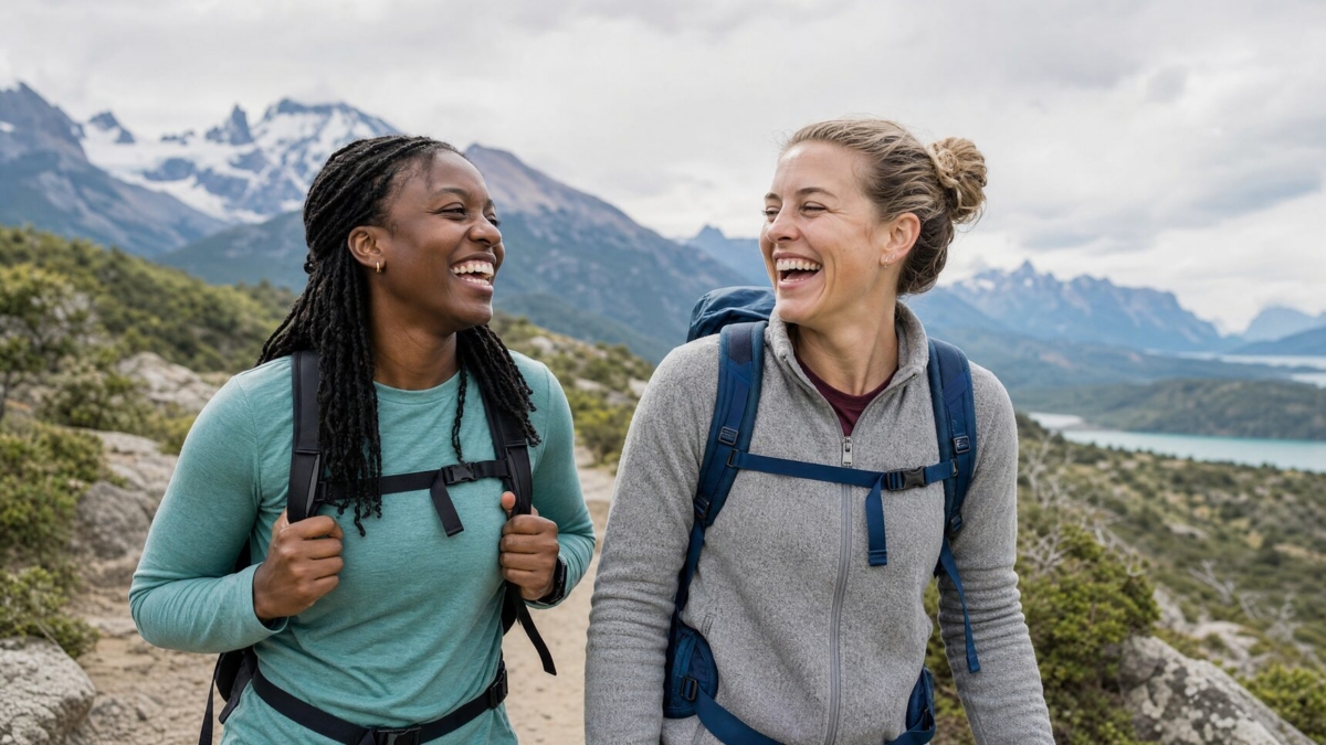 Two women hiking and laughing on a mountain trail wearing backpacks with scenic mountain views in the background