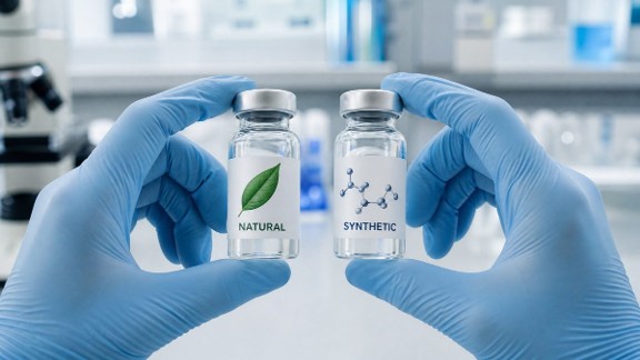 Shot of person with blue gloves holding two vials of peptide. One is labeled synthetic and one is labeled natural