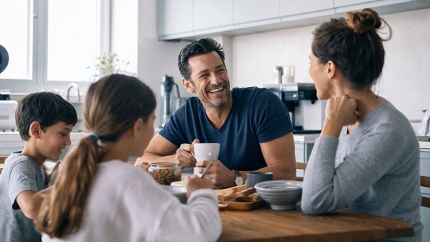 Man sitting around the kitchen table with his kids and wife.