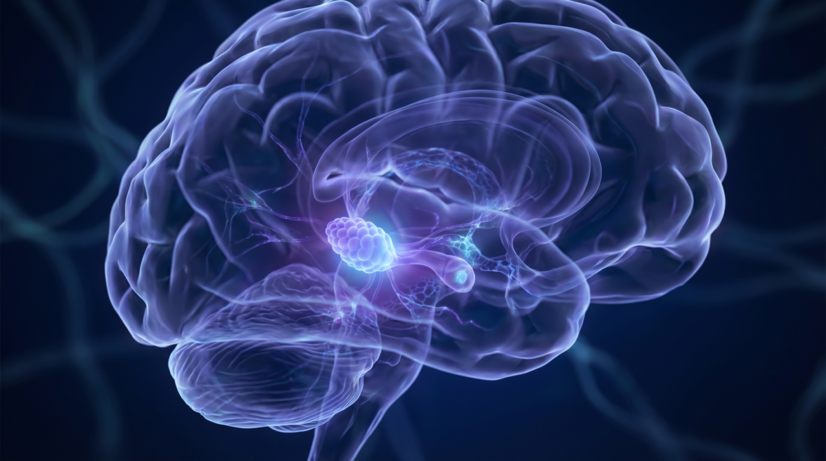 Pinealon Scaled Illustration of a human brain with glowing neural pathways on a dark background