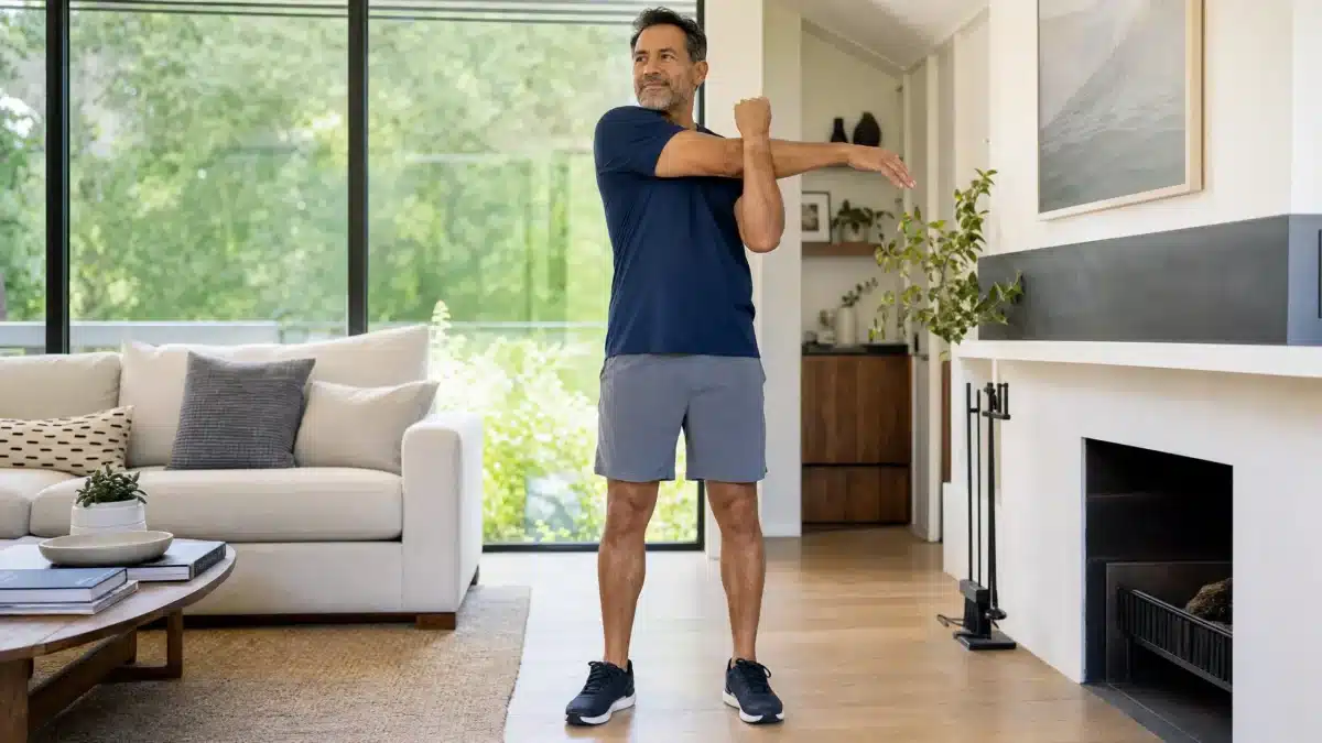 Man doing stretches in his living room