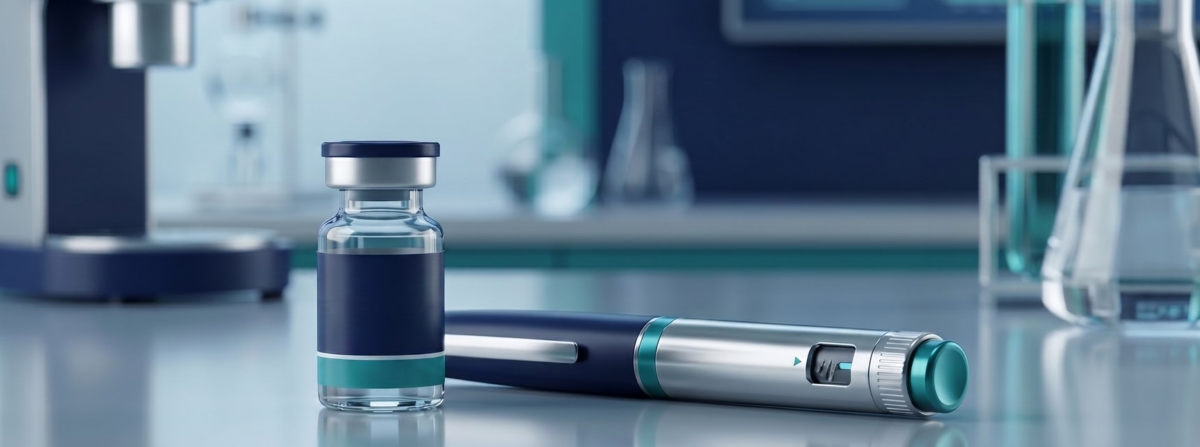 Insulin pen and vial on a laboratory table