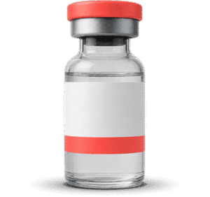 Glass vial with red cap and label used for medication or vaccine storage