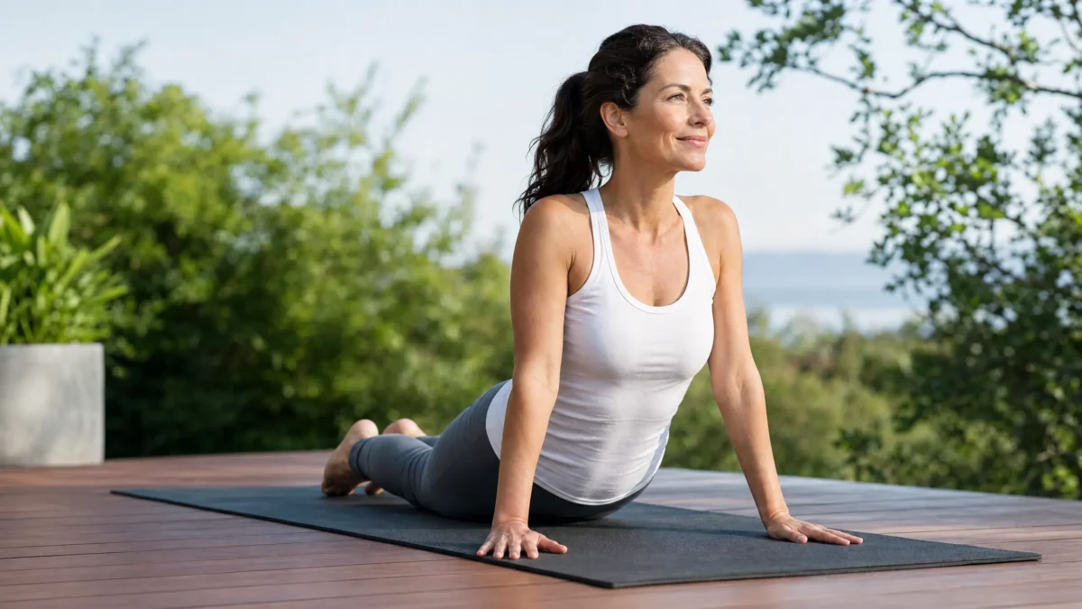 TB 500 Woman practicing yoga in upward dog pose outdoors on a sunny day