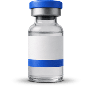 Clear glass vial with blue cap and blank label for medicine or laboratory use