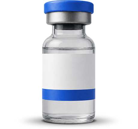 Clear glass vial with blue cap and blank label for medicine or laboratory use