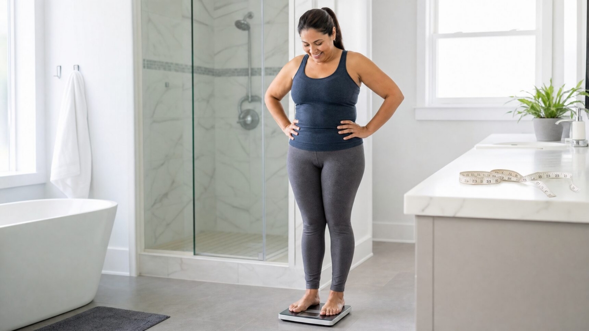 Tirzepatide Hero Woman smiling on a bathroom scale in modern light bathroom