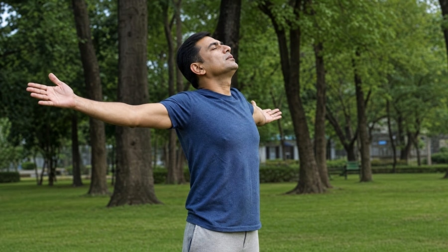 Man enjoying nature in a park with outstretched arms and closed eyes