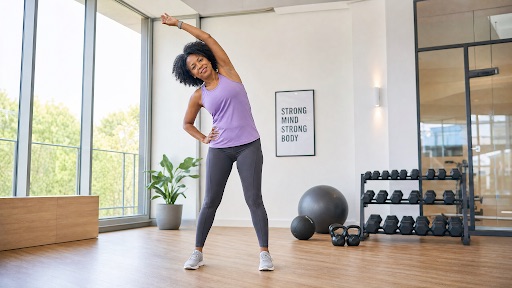 Aod 9604 Woman Stretching Woman exercising in a bright home gym with dumbbells and motivational poster