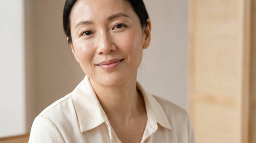 Smiling woman in a cream blouse with a serene expression in a softly lit room