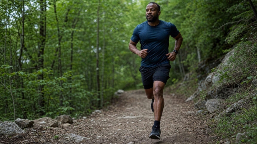 Man jogging on a forest trail surrounded by green trees
