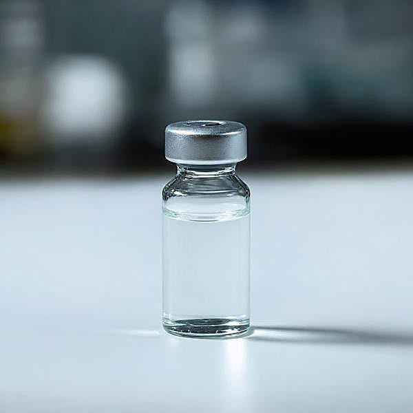 Small glass vial with clear liquid on a blurred background.