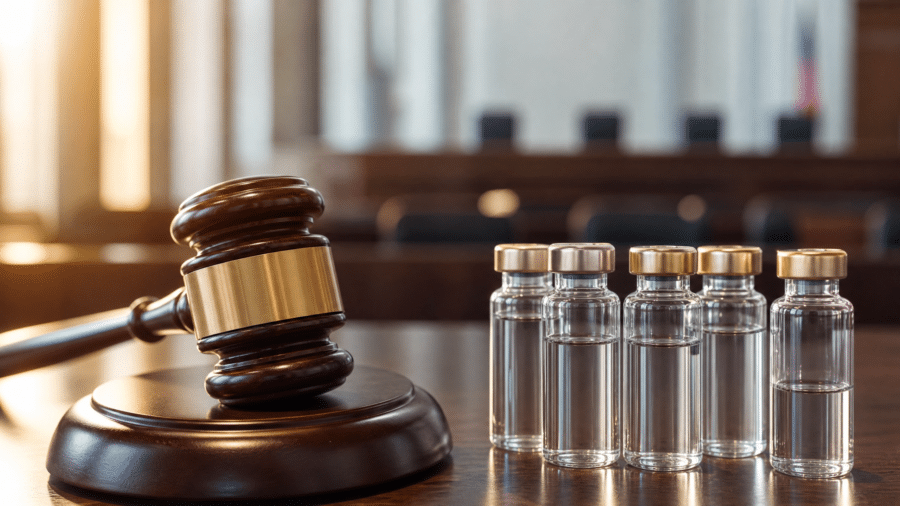 FDA gavel alongside peptide vials representing the PCAC advisory committee decision on peptide compounding.