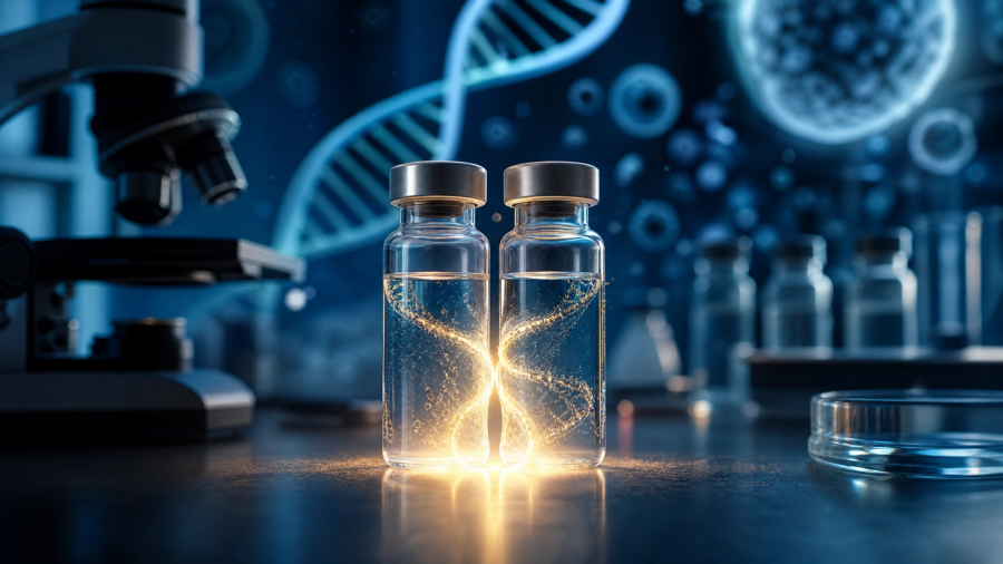 Two peptide vials in a modern laboratory setting with soft teal lighting representing peptide stacking in regenerative medicine