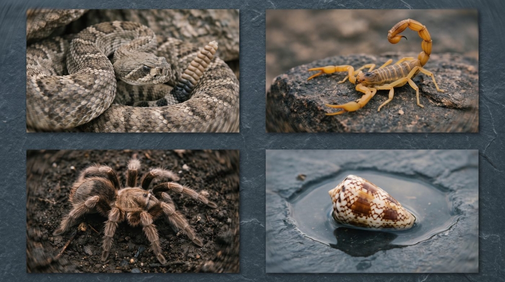 Images of snakes, scorpions, spiders, and marine cone snails, all sources of bioactive peptides.