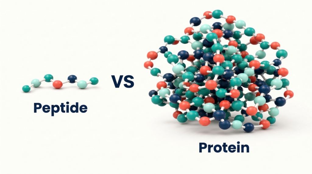 Peptides are short chains of amino acids. Proteins have long folded chains of more than 50 amino acids.
