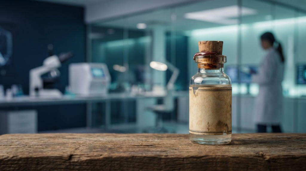 Old glass bottle sitting in a modern lab.