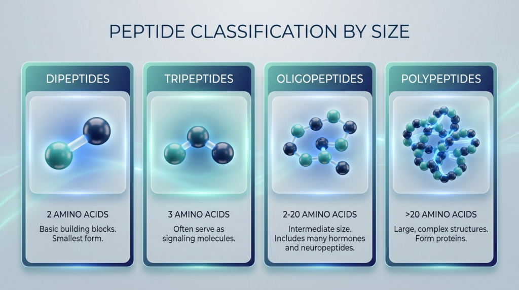 Peptides by size from 2 amino acids, to 3, to up to, to more than 20.