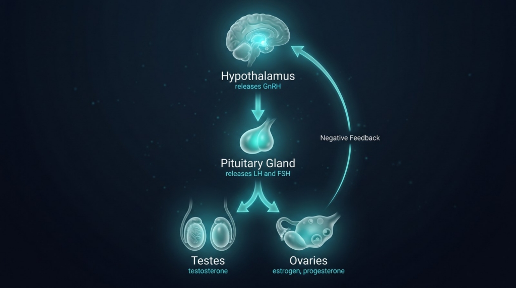 Image showing the axis between the hypothalamus, pituitary gland, and the reproductive organs (testes and ovaries).