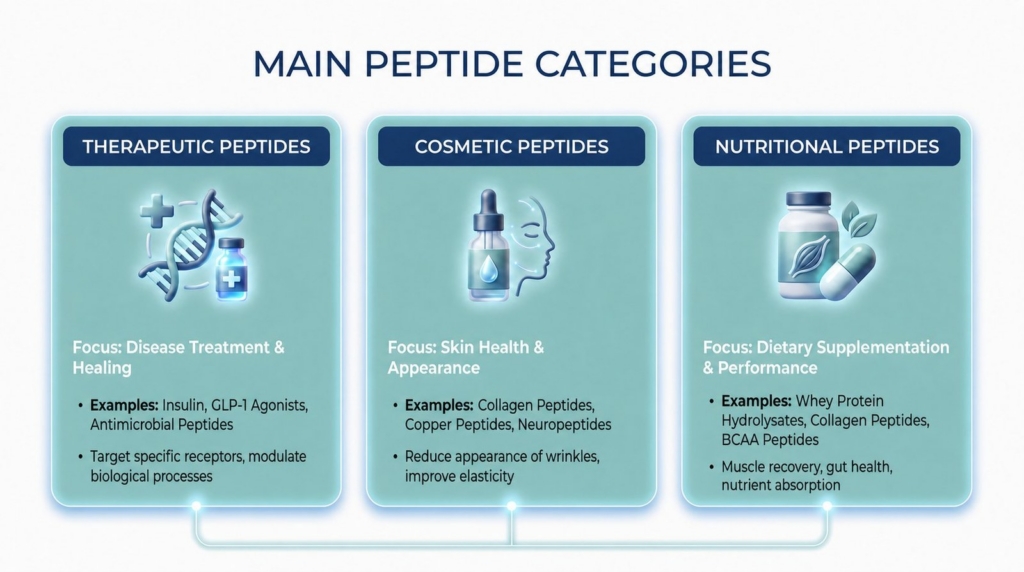 The main categories of peptides are therapeutic peptides, cosmetic peptides, and nutritional peptides.