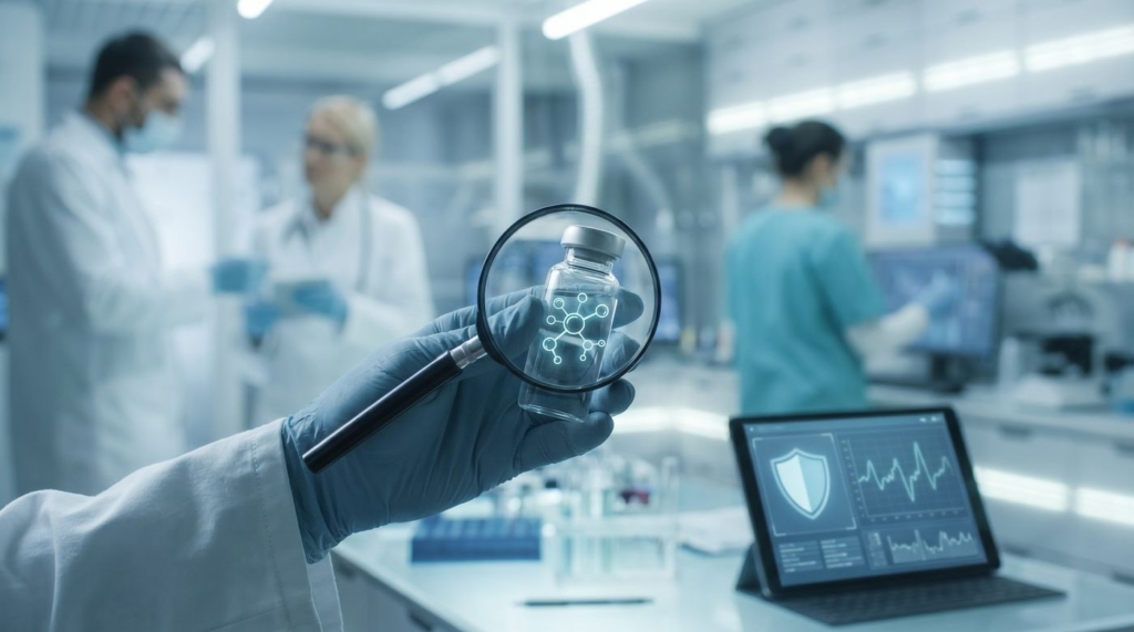 Modern lab in the background with magnifying glass focused on bottle of peptides in the forefront.