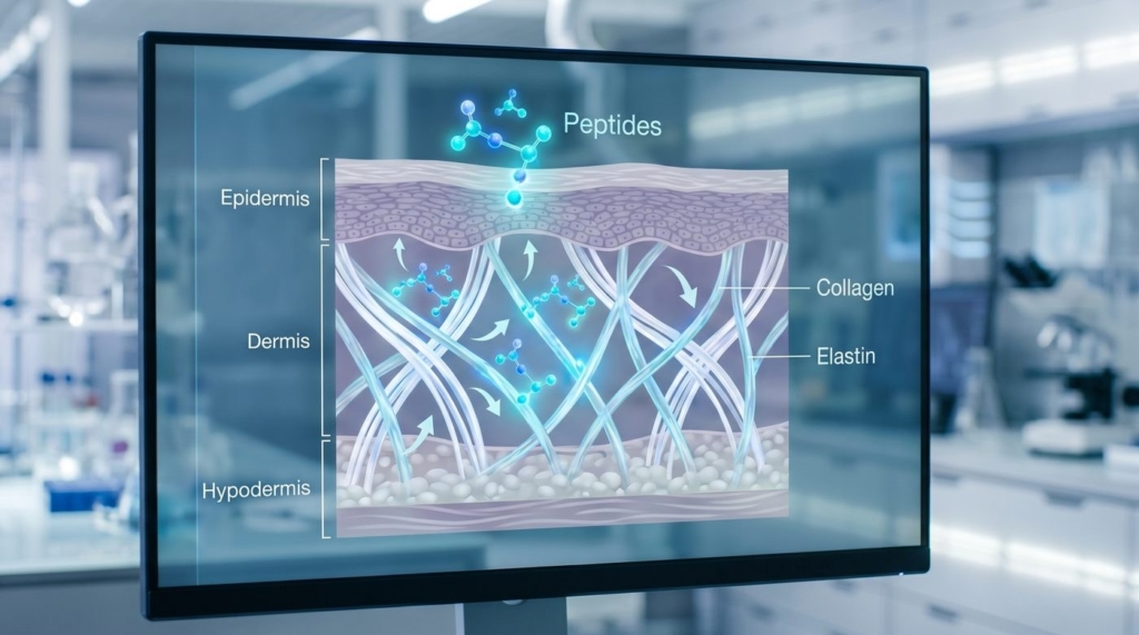 An image of the different layers of skin and how peptide therapy can turn up collagen and elastin production.