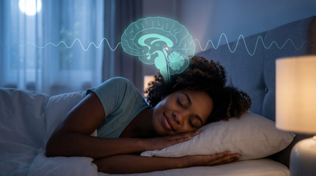 Woman sleeping with cartoon brain just above her head.