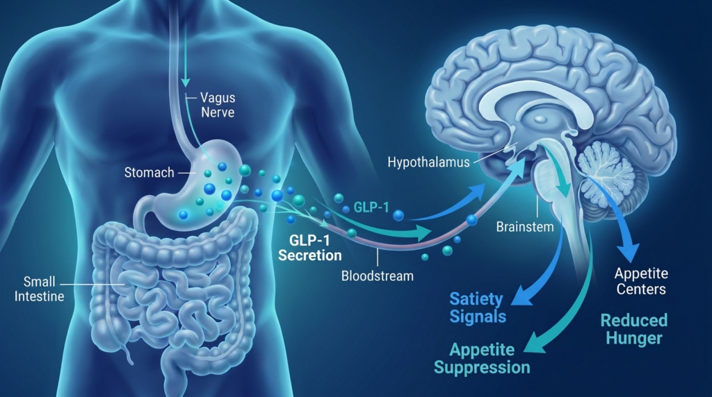 A graphic image of the gut and the brain, showing how GLP-1s and GIPs slow digestion and reduce hunger to promote weight loss.