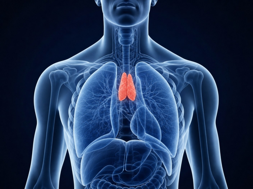 Image of the thymus gland sitting at the base of the esophagus between the lungs.