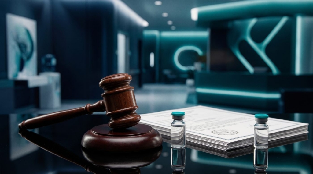 Image of court hammber with legal paperwork and bottles of peptides nearby.