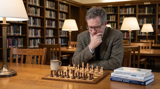 Man contemplating chess move in library with coffee and books nearby