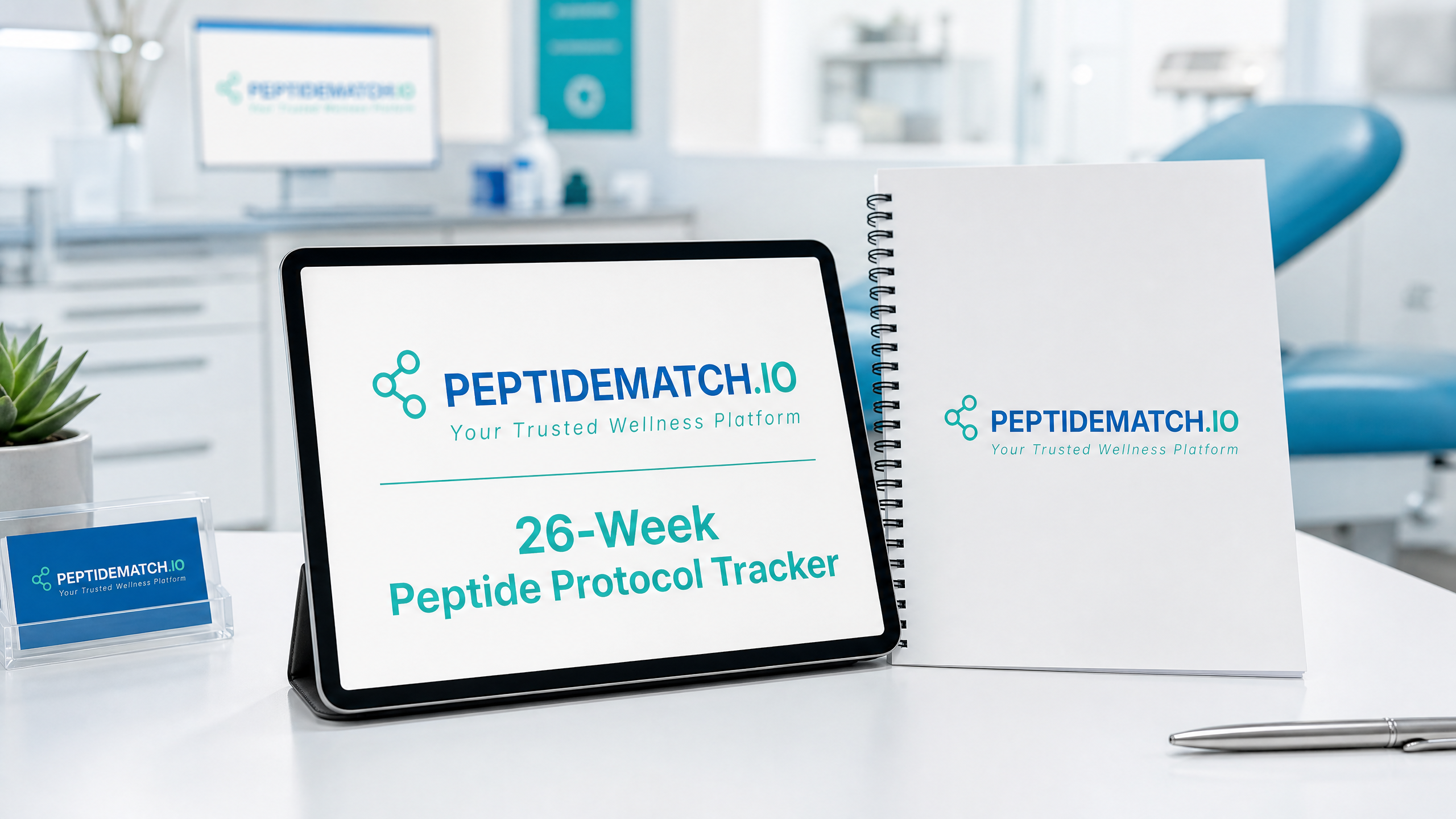 Image featuring a 'Peptide Tracker' 26-week journal and a tablet displaying a clinical injection log on a white desk in a modern, bright wellness clinic with official PeptideMatch.io branding.