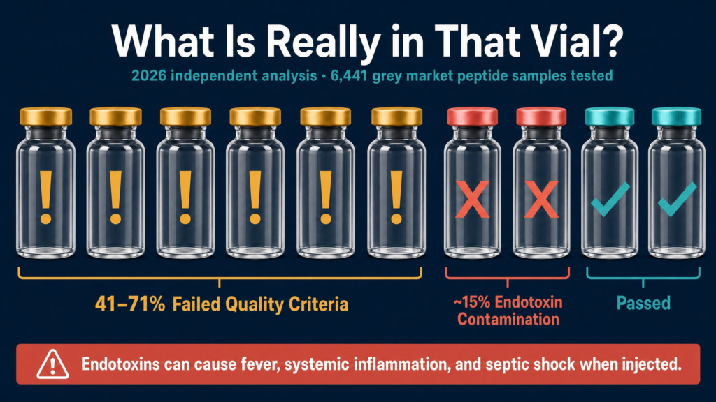 A row of 10 vials to show the percentage of impurities in grey market peptides.