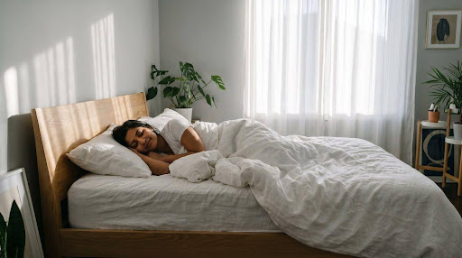 Woman Sleeping Bed Person sleeping peacefully in a sunlit bedroom with plants and light-colored bedding